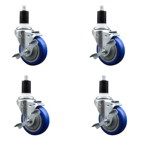 Service Caster 4'' Blue Poly Swivel 1-1/2'' Expanding Stem Caster Set with Brake, 4PK SCC-EX20S414-PPUB-BLUE-TLB-112-4